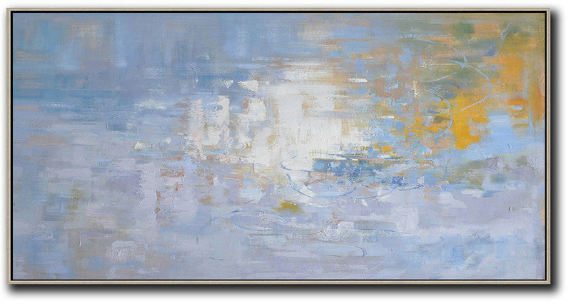 Panoramic Abstract Landscape Painting,Art Work,Light Blue,Yellow,White